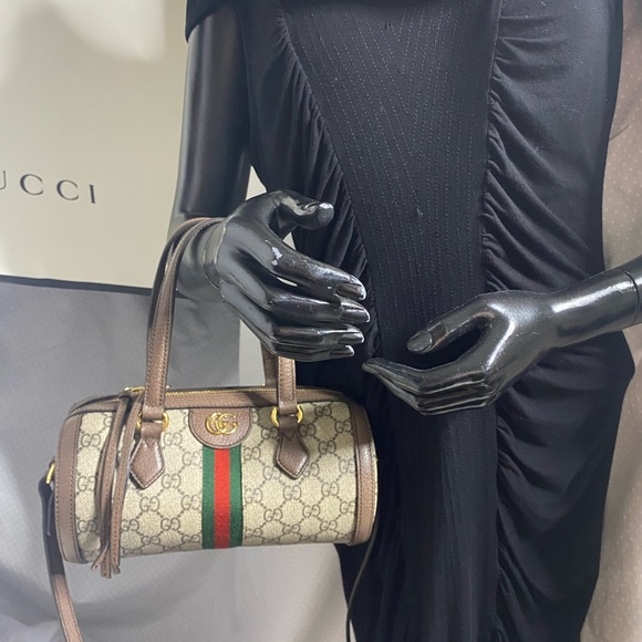 $1300 Gucci Ophidia canvas GG logo Boston barrel mini bag, authentic - Picture 7 of 10